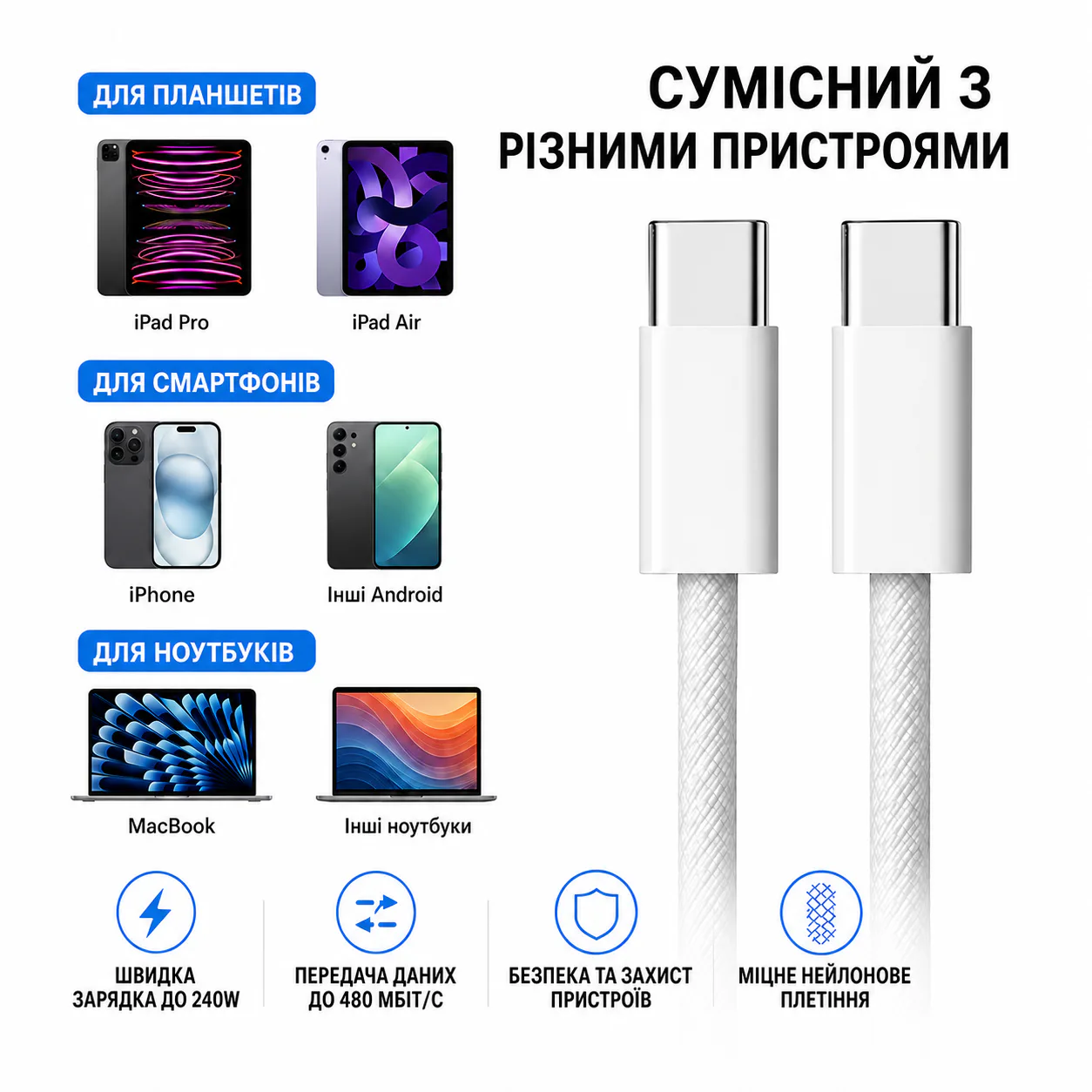 Кабель USB-C — USB-C 240 Вт, 2 м, плетений — Білий — фото 4