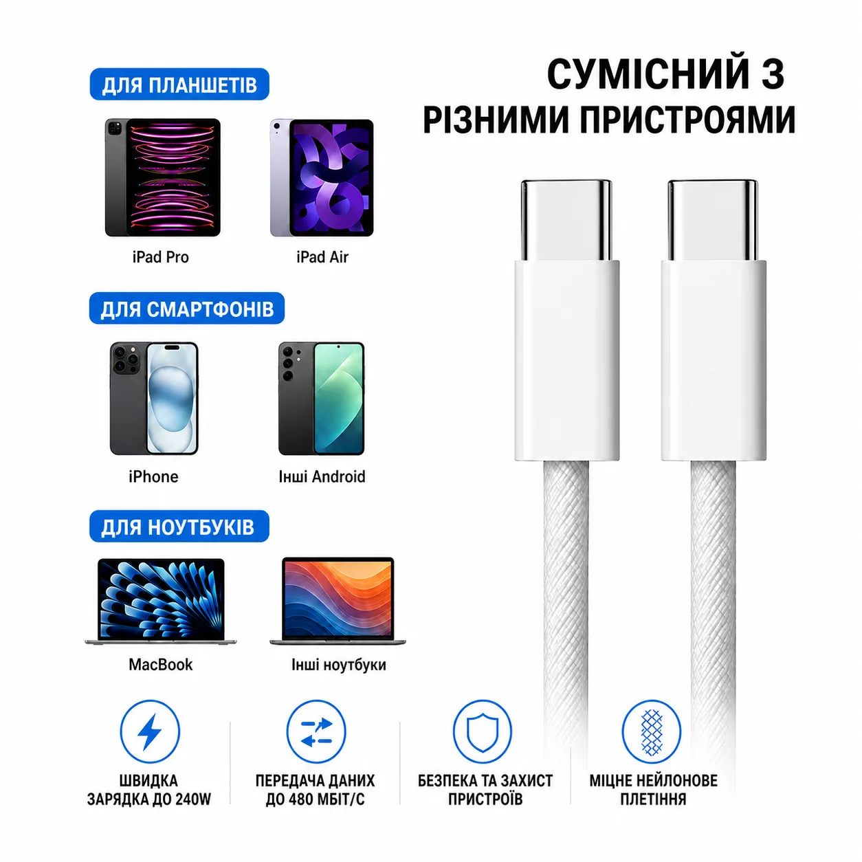 Кабель USB-C — USB-C 240 Вт, 2 м, плетений — Білий — фото 4